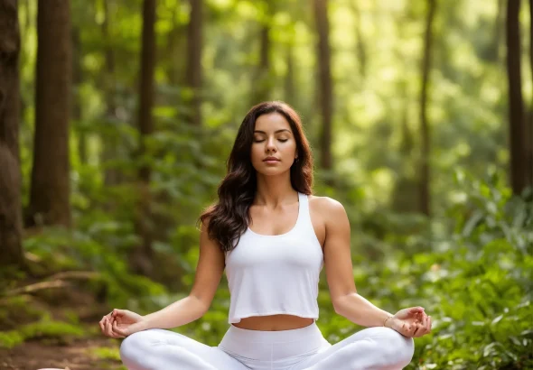 A photo of a woman sitting in a yoga pose. The wom