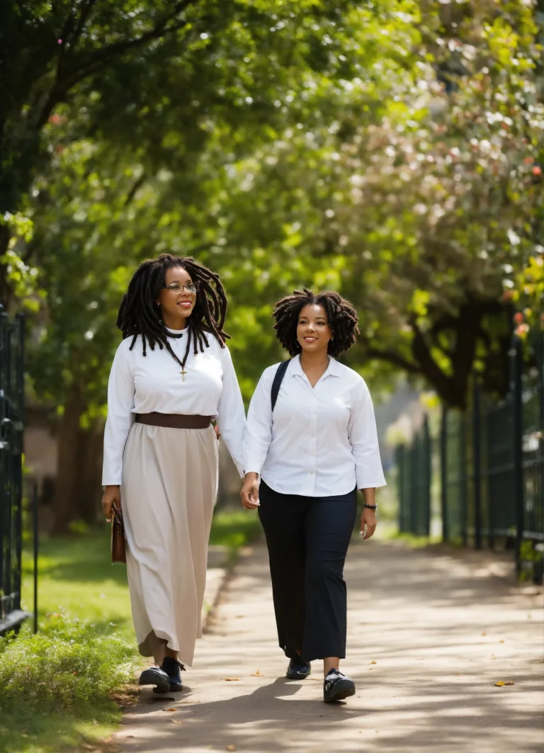 Pretty-Biracial-nun-walking-with-black-female-teac